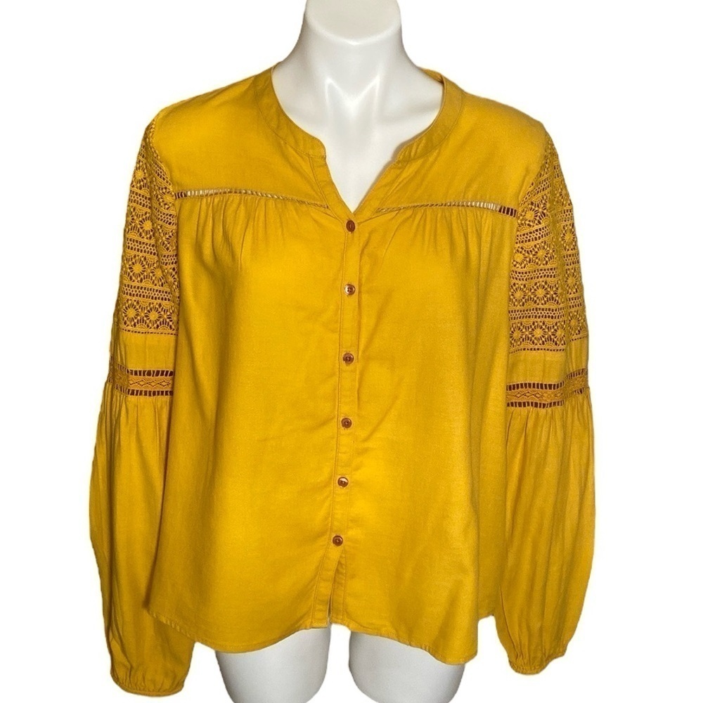 Crown & Ivy Women’s Butter Yellow Boho Peasant Blouse Cotton Modal Casual Small
